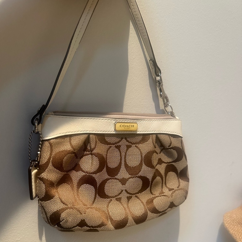Coach Brown Signature Canvas Wristlet with Cream Trim